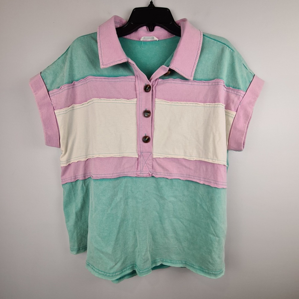 Mittoshop Color Block Henley Short Sleeve Polo Shirt Medium Button Streetwear